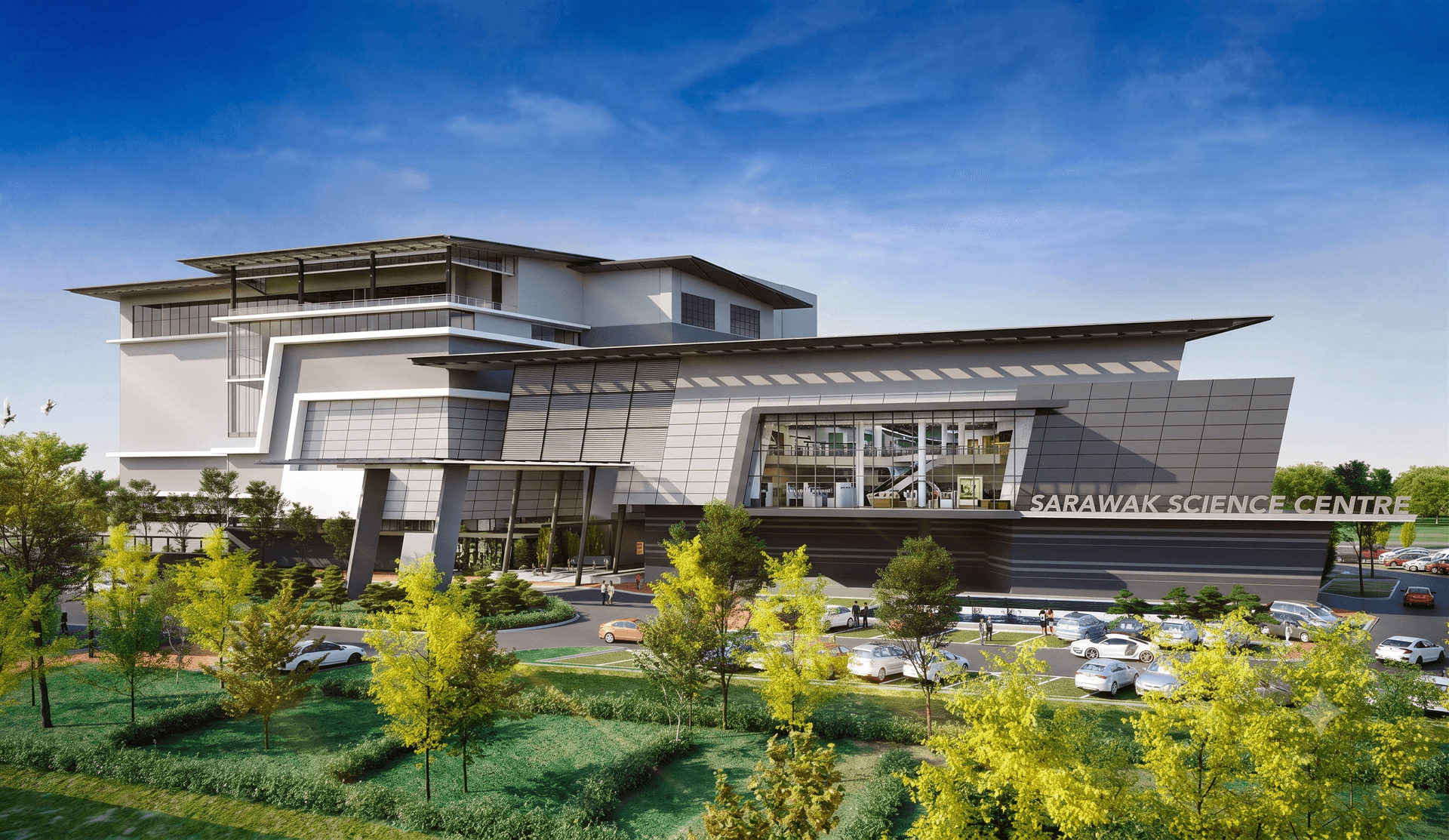 The angular glass-and-steel exterior of the Sarawak Science Centre in Kuching
